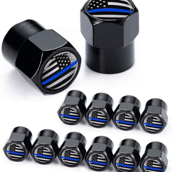 12 Pk Tire Valve Caps Thin Blue Line American Flag - Picture 1 of 6